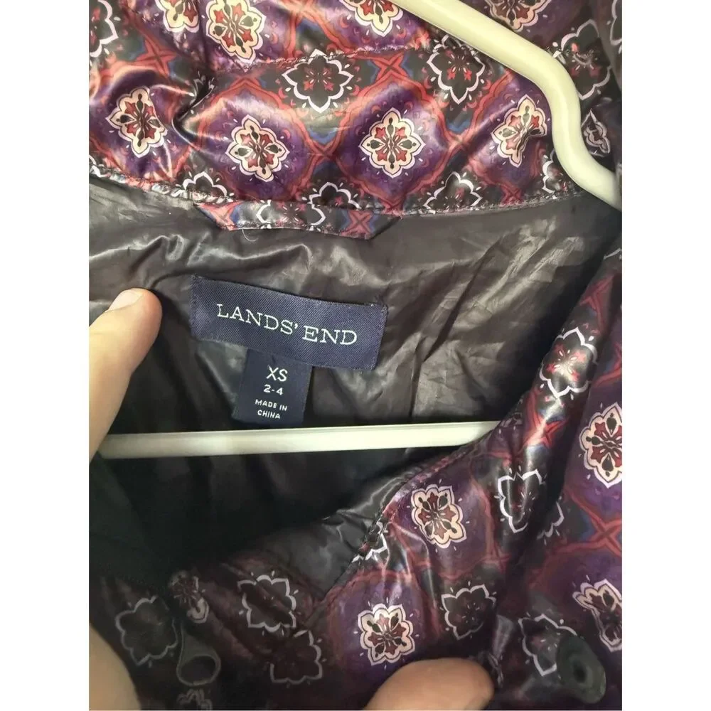 Lands' End Puffer Coat XS Women's Purple Floral Down Feathers Winter Snow Ski